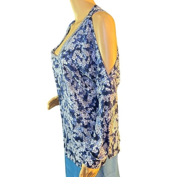 (5 for $25) Juicy Couture Sequin Patterned Sexy Cold Shoulder Top - Size Medium - Picture 4 of 9